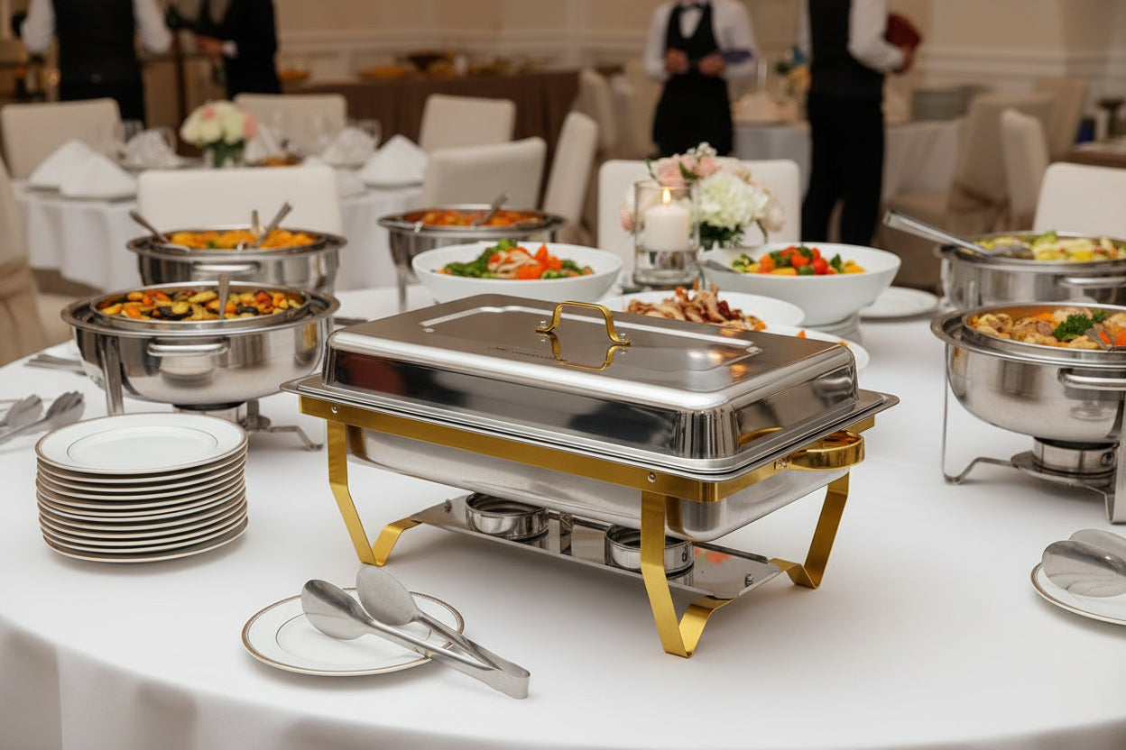9.5Qt Stainless Steel Rectangle Chafer with Gold Frame (Rental)