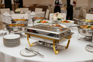 9.5Qt Stainless Steel Rectangle Chafer with Gold Frame - Rental