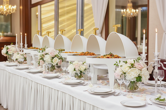6.34 Qt White Round Roll Top Chafer Rental | Elegant Buffet Warmer