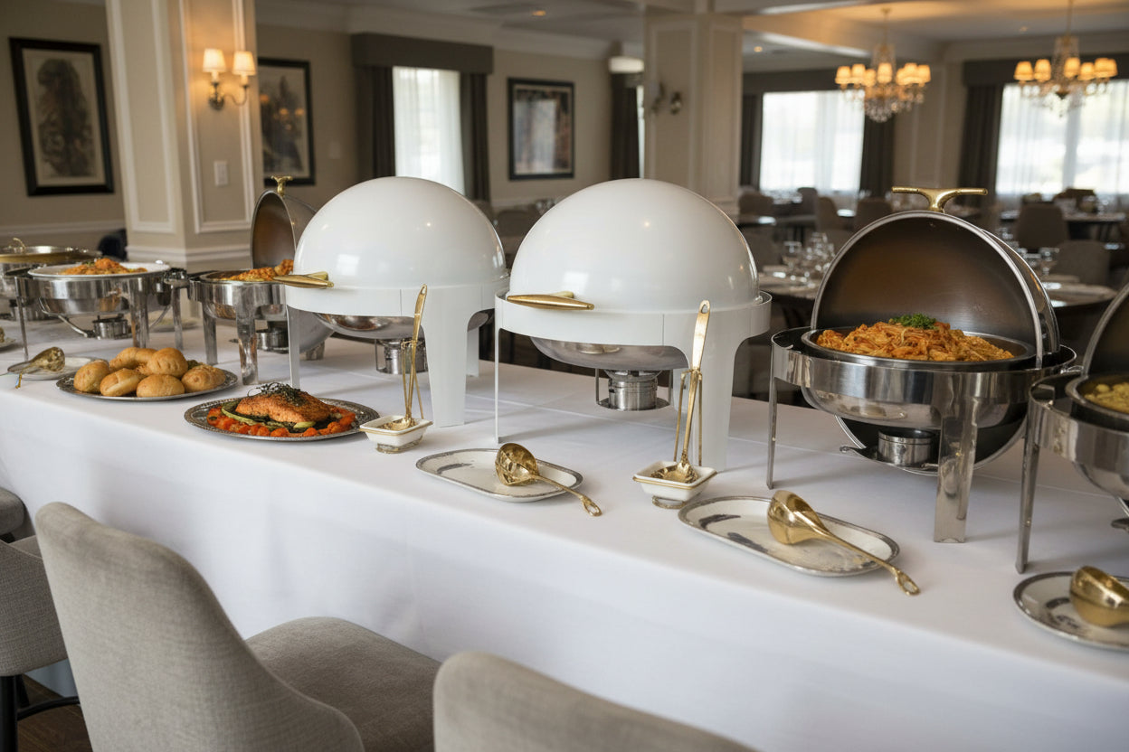 6.34 Qt White Round Roll Top Chafer Rental | Elegant Buffet Warmer